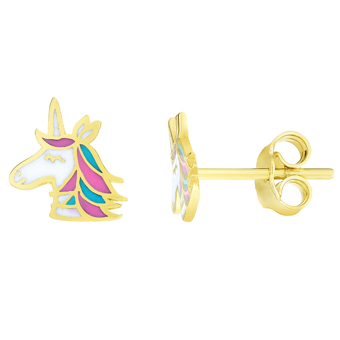 14K Yellow Gold (1.18 g) Kids Unicorn Stud Earrings by SuperJeweler