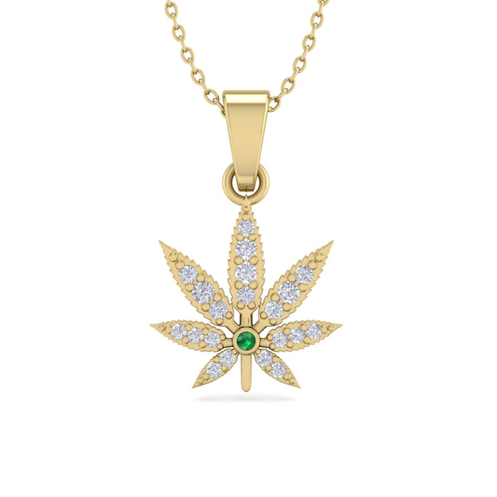 1/4 Carat Diamond & Emerald Cut Weed Leaf Necklace in 14K Yellow Gold (3.30 g), , 18 Inch Chain by SuperJeweler