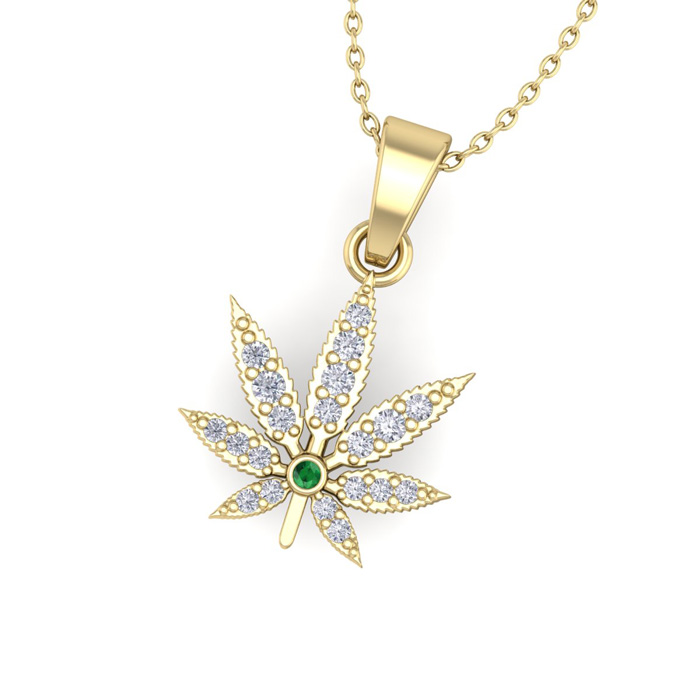 1/4 Carat Diamond and Emerald Weed Leaf Necklace In 14K Yellow Gold