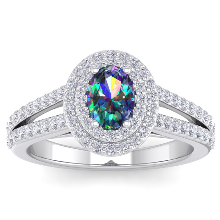 1 3/4 Carat Oval Shape Mystic Topaz & Halo 76 Diamond Ring in 14K White Gold (5.20 g), , Size 4 by SuperJeweler