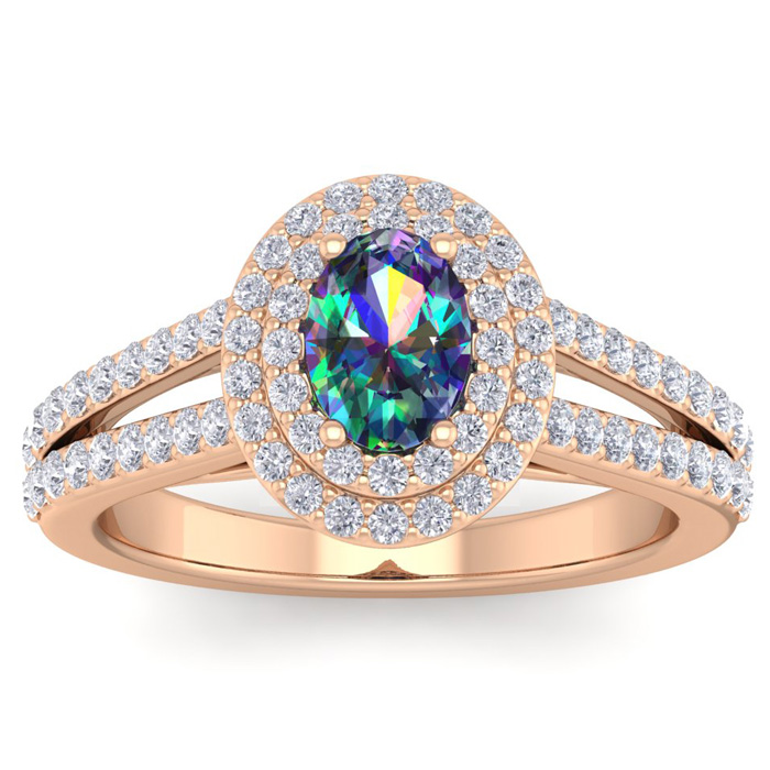 1 3/4 Carat Oval Shape Mystic Topaz & Halo 76 Diamond Ring in 14K Rose Gold (5.20 g), , Size 4 by SuperJeweler