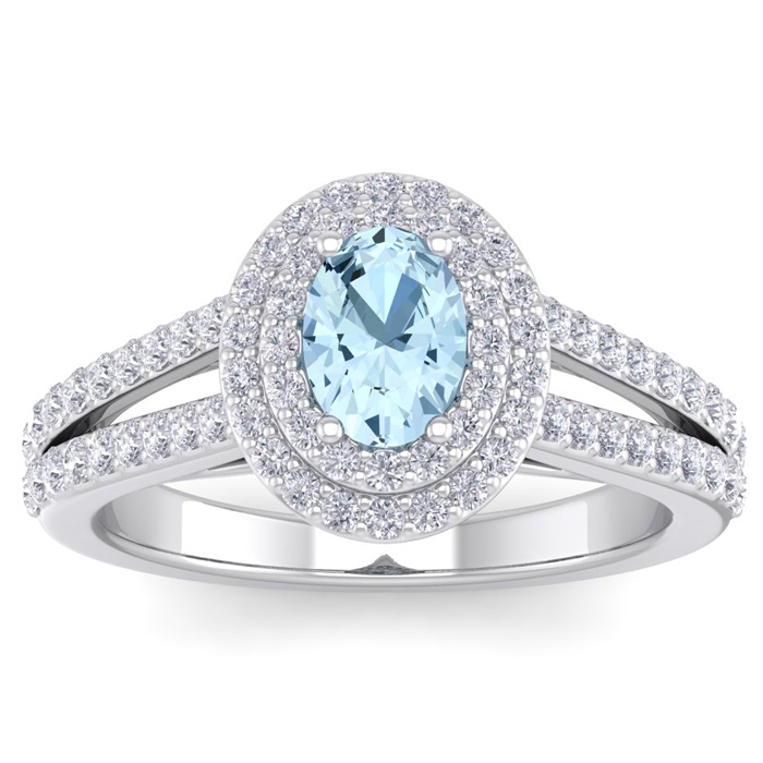 1 3/4 Carat Oval Shape Aquamarine & Halo 76 Diamond Ring in 14K White Gold (5.20 g), , Size 4 by SuperJeweler