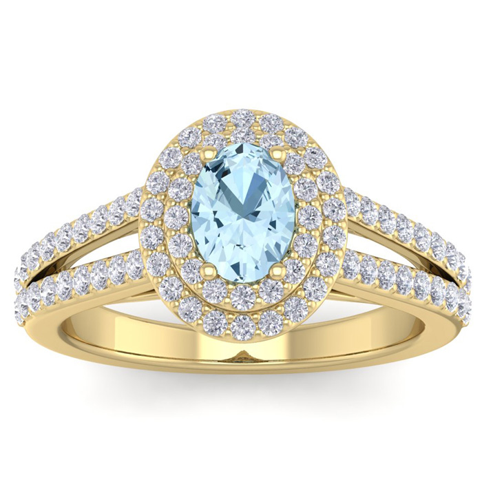 1 3/4 Carat Oval Shape Aquamarine & Halo 76 Diamond Ring in 14K Yellow Gold (5.20 g), , Size 4 by SuperJeweler