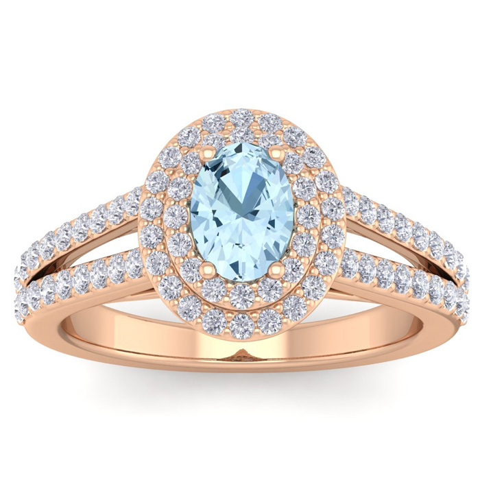 1 3/4 Carat Oval Shape Aquamarine & Halo 76 Diamond Ring in 14K Rose Gold (5.20 g), , Size 4 by SuperJeweler