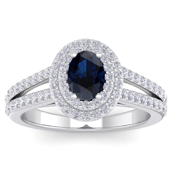 1 3/4 Carat Oval Shape Sapphire & Halo 76 Diamond Ring in 14K White Gold (5.20 g), , Size 4 by SuperJeweler