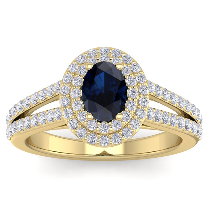 1 3/4 Carat Oval Shape Sapphire & Halo 76 Diamond Ring in 14K Yellow Gold (5.20 g), , Size 4 by SuperJeweler