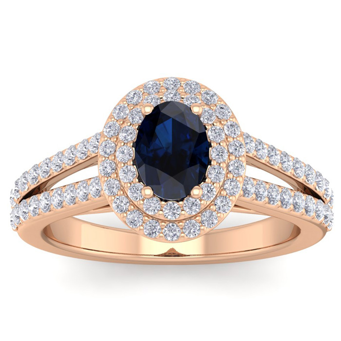 1 3/4 Carat Oval Shape Sapphire & Halo 76 Diamond Ring in 14K Rose Gold (5.20 g), , Size 4 by SuperJeweler