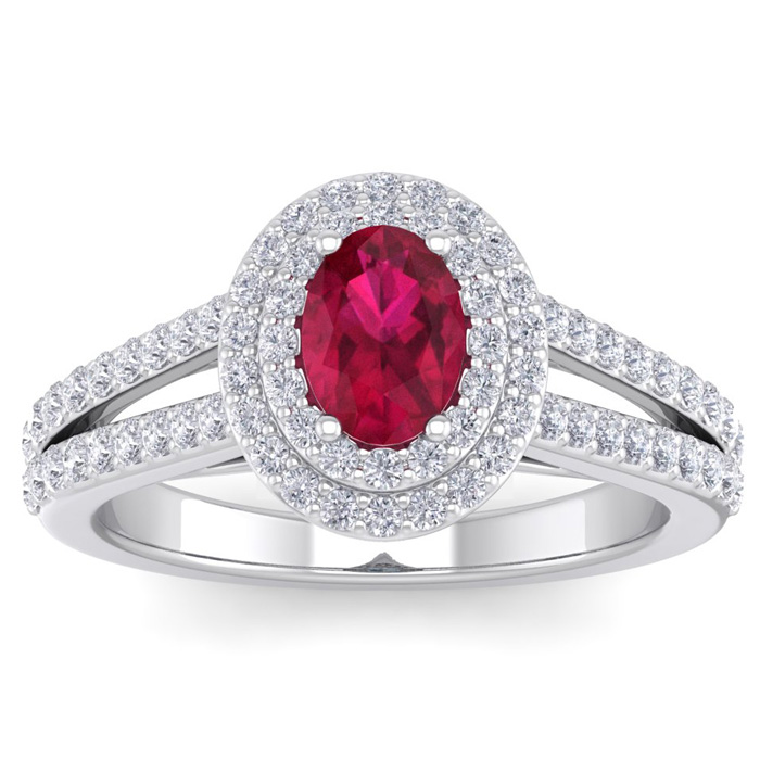 2 Carat Oval Shape Ruby & Halo 76 Diamond Ring in 14K White Gold (5.20 g), , Size 4 by SuperJeweler