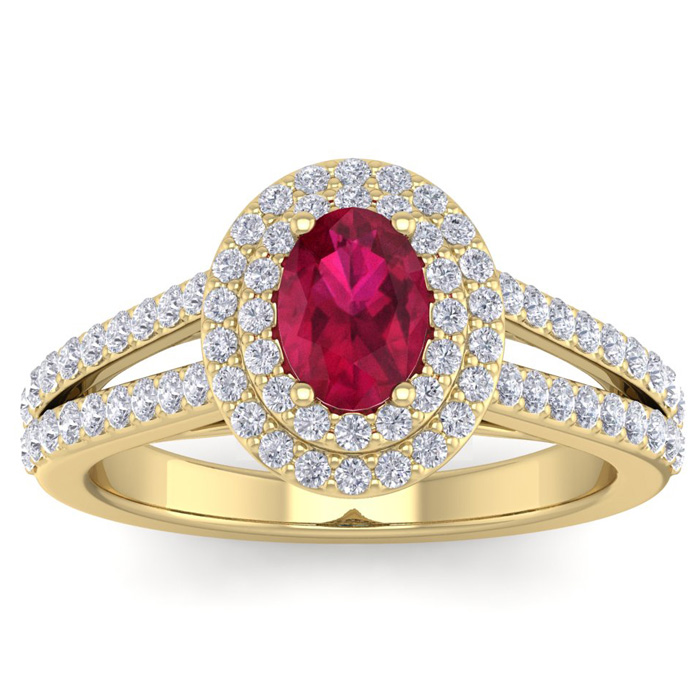 2 Carat Oval Shape Ruby & Halo 76 Diamond Ring in 14K Yellow Gold (5.20 g), , Size 4 by SuperJeweler