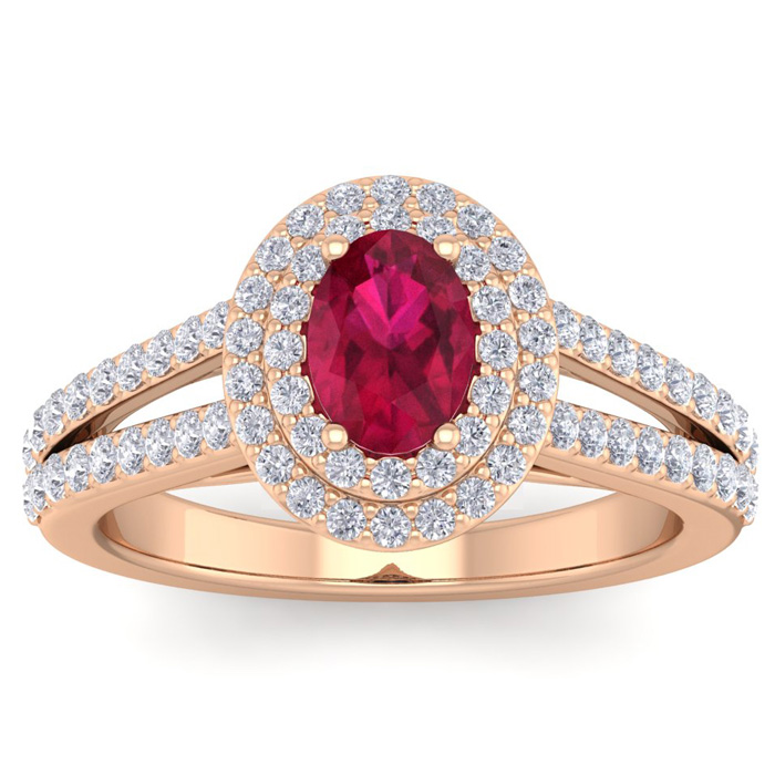 2 Carat Oval Shape Ruby & Halo 76 Diamond Ring in 14K Rose Gold (5.20 g), , Size 4 by SuperJeweler