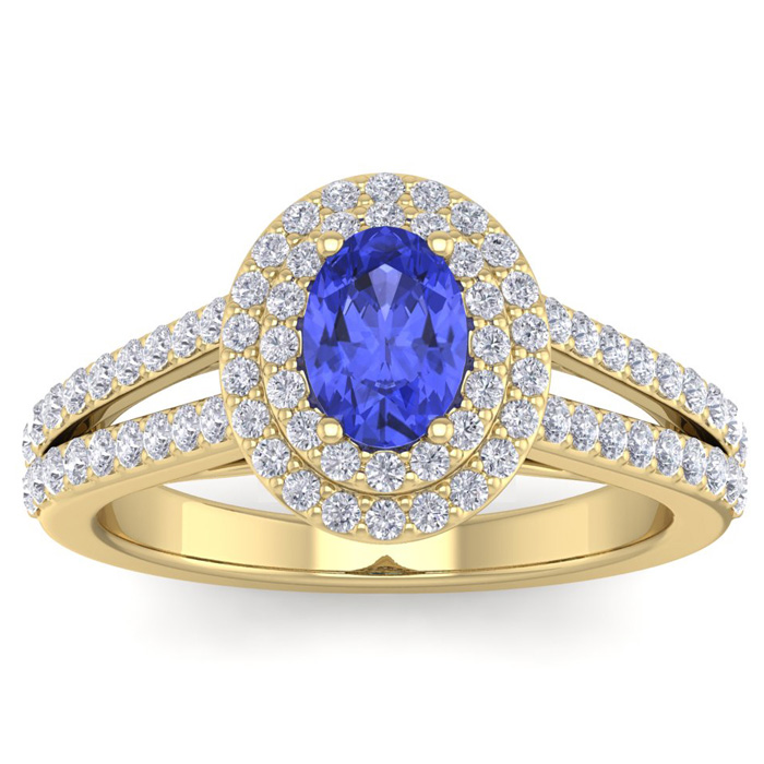 2 Carat Oval Shape Tanzanite & Halo 76 Diamond Ring in 14K Yellow Gold (5.20 g), , Size 4 by SuperJeweler