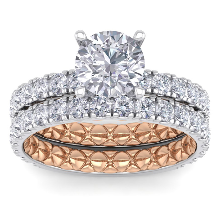 3 Carat Round Shape Diamond Bridal Ring Set in Quilted 14K White & Rose Gold (7 g) (