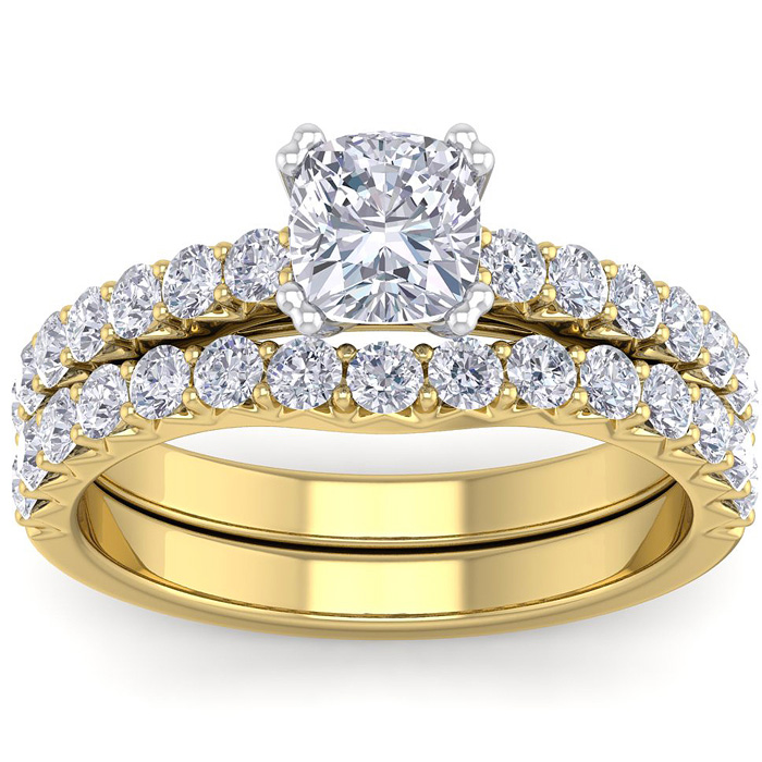 1 3/4 Carat Cushion Cut Diamond Bridal Ring Set in 14K Yellow Gold (5.44 g) (, SI2-I1), Size 4 by SuperJeweler