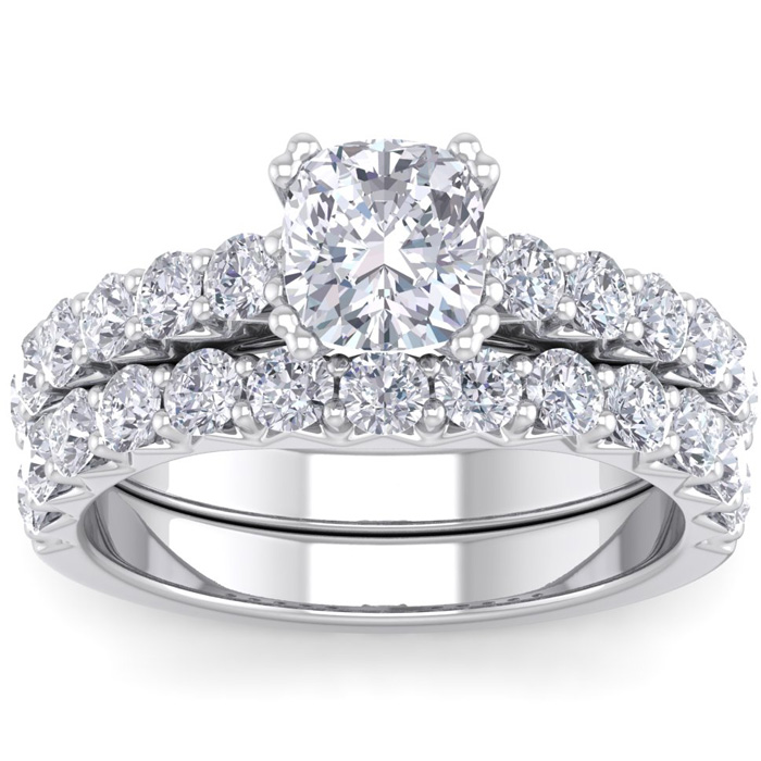 2.5 Carat Cushion Cut Diamond Bridal Ring Set in 14K White Gold (6.40 g) (