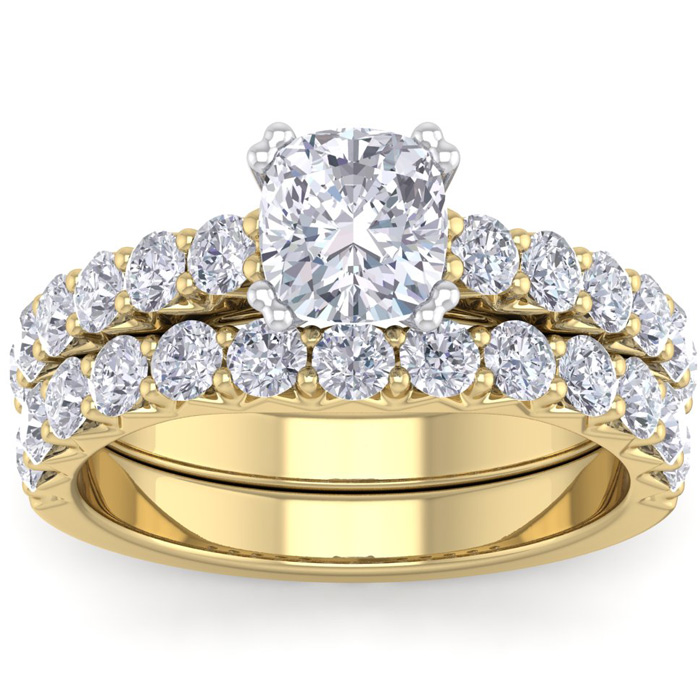 2.5 Carat Cushion Cut Diamond Bridal Ring Set in 14K Yellow Gold (6.40 g) (