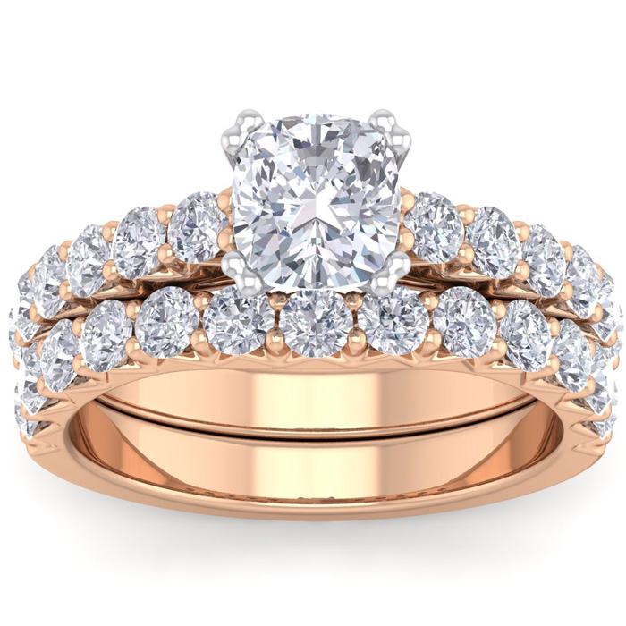 2.5 Carat Cushion Cut Diamond Bridal Ring Set in 14K Rose Gold (6