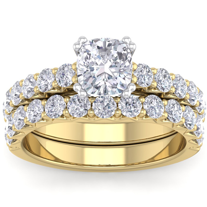 2.5 Carat Cushion Cut Diamond Bridal Ring Set in 14K Yellow Gold (6.40 g) (, I1-I2 Clarity Enhanced), Size 4 by SuperJeweler