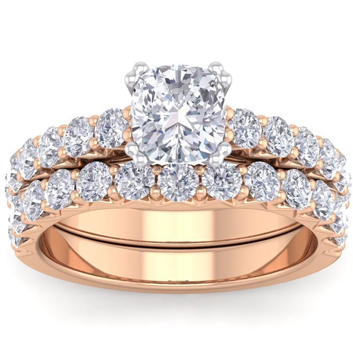 2.5 Carat Cushion Cut Diamond Bridal Ring Set in 14K Rose Gold (6.40 g) (