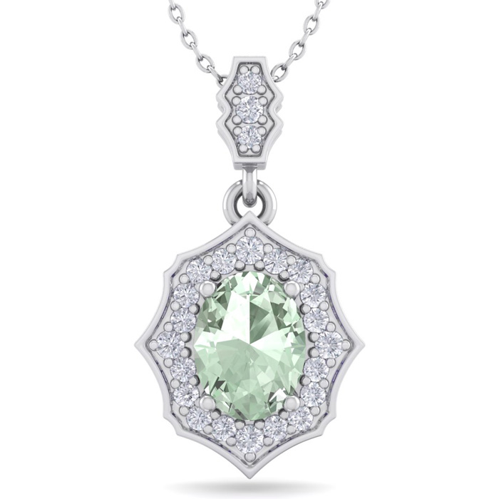 1 1/3 Carat Oval Shape Green Amethyst & Diamond Necklace in 14K White Gold (2.60 g), 18 Inches,  by SuperJeweler