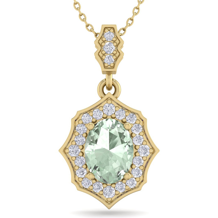 1 1/3 Carat Oval Shape Green Amethyst & Diamond Necklace in 14K Yellow Gold (2.60 g), 18 Inches,  by SuperJeweler