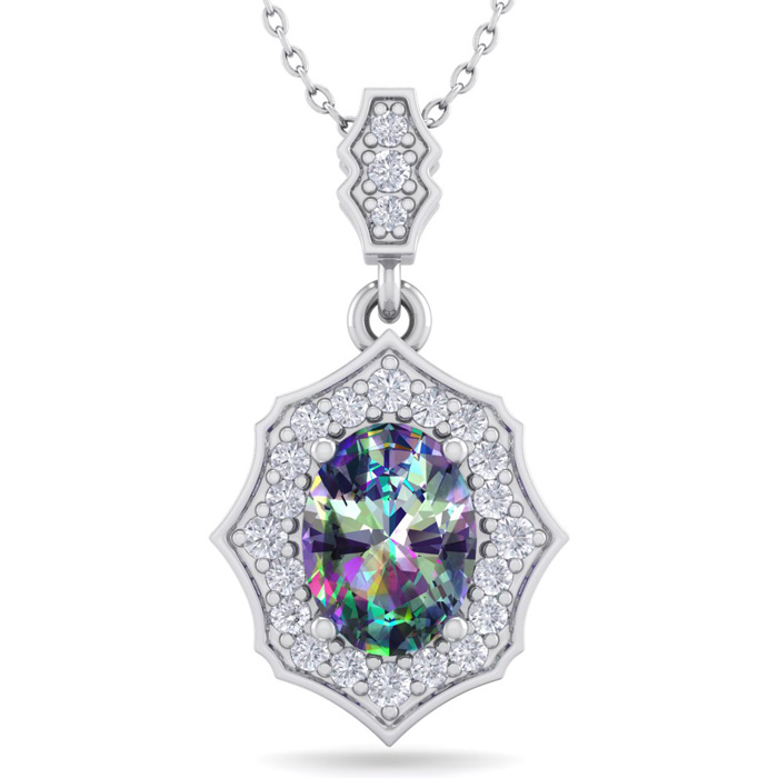 1 1/3 Carat Oval Shape Mystic Topaz & Diamond Necklace in 14K White Gold (2.60 g), 18 Inches,  by SuperJeweler