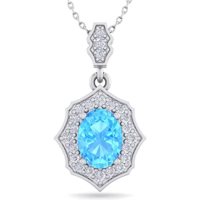 1 3/4 Carat Oval Shape Blue Topaz & Diamond Necklace in 14K White Gold (2.60 g), 18 Inches,  by SuperJeweler