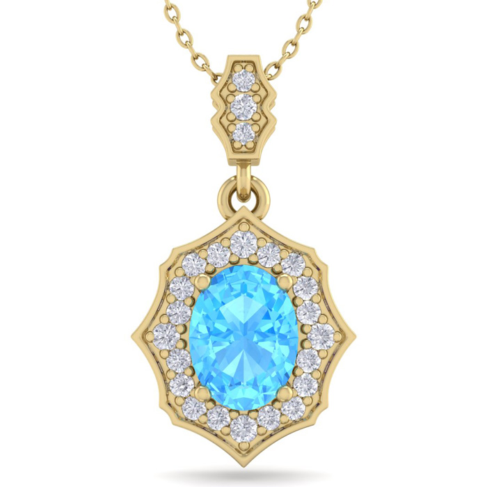 1 3/4 Carat Oval Shape Blue Topaz & Diamond Necklace in 14K Yellow Gold (2.60 g), 18 Inches,  by SuperJeweler