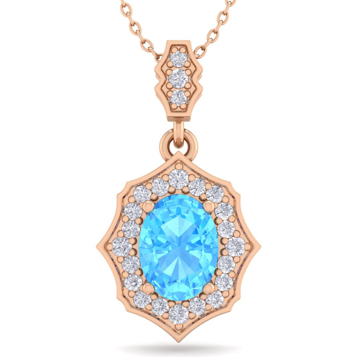 1 3/4 Carat Oval Shape Blue Topaz & Diamond Necklace in 14K Rose Gold (2.60 g), 18 Inches,  by SuperJeweler