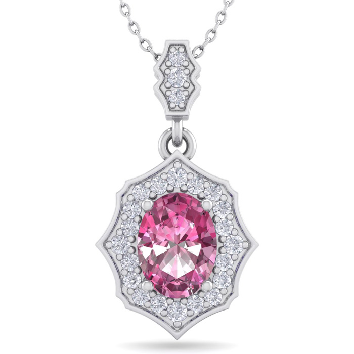 1 3/4 Carat Oval Shape Pink Topaz & Diamond Necklace in 14K White Gold (2.60 g), 18 Inches,  by SuperJeweler