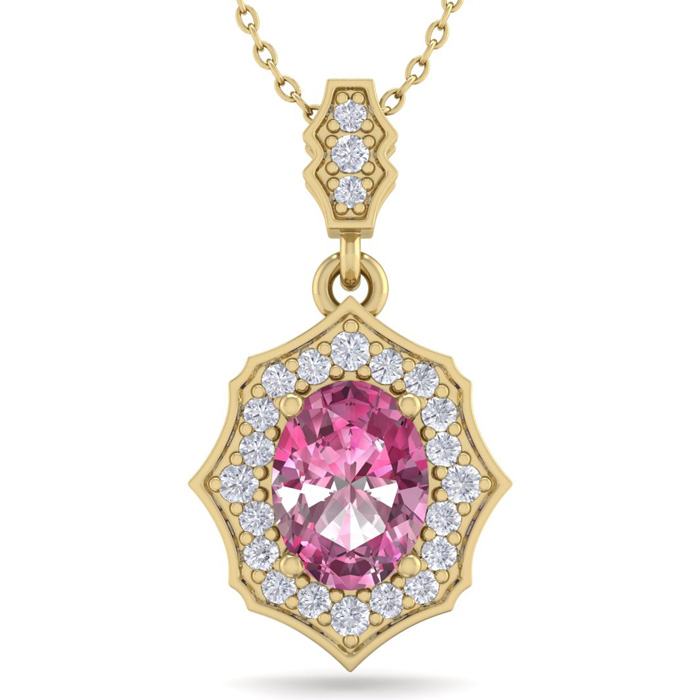 1 3/4 Carat Oval Shape Pink Topaz & Diamond Necklace in 14K Yellow Gold (2.60 g), 18 Inches,  by SuperJeweler