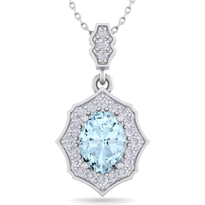 1.5 Carat Oval Shape Aquamarine & Diamond Necklace in 14K White Gold (2.60 g), 18 Inches,  by SuperJeweler