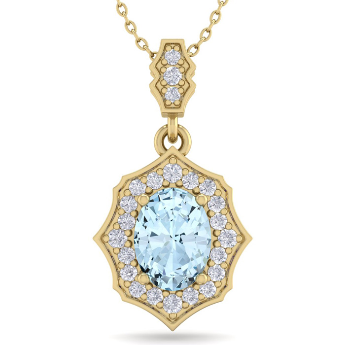 1.5 Carat Oval Shape Aquamarine & Diamond Necklace in 14K Yellow Gold (2.60 g), 18 Inches,  by SuperJeweler