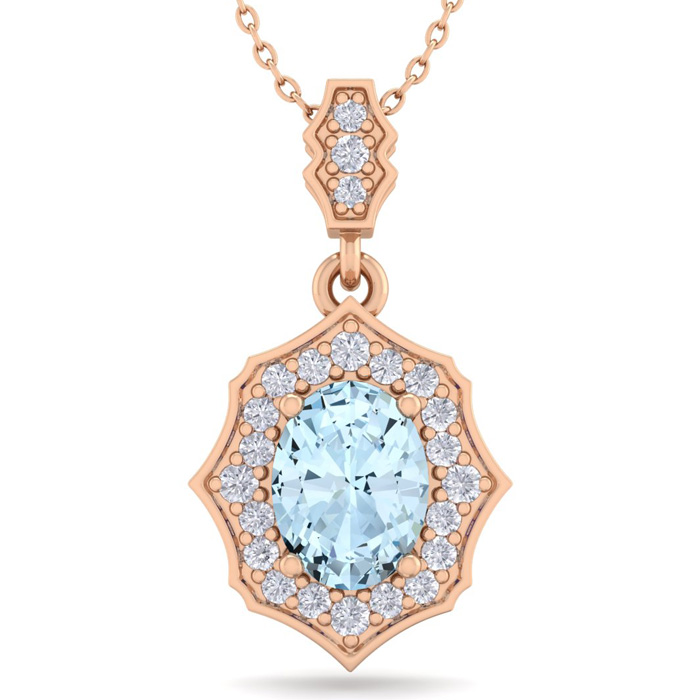 1.5 Carat Oval Shape Aquamarine & Diamond Necklace in 14K Rose Gold (2.60 g), 18 Inches,  by SuperJeweler