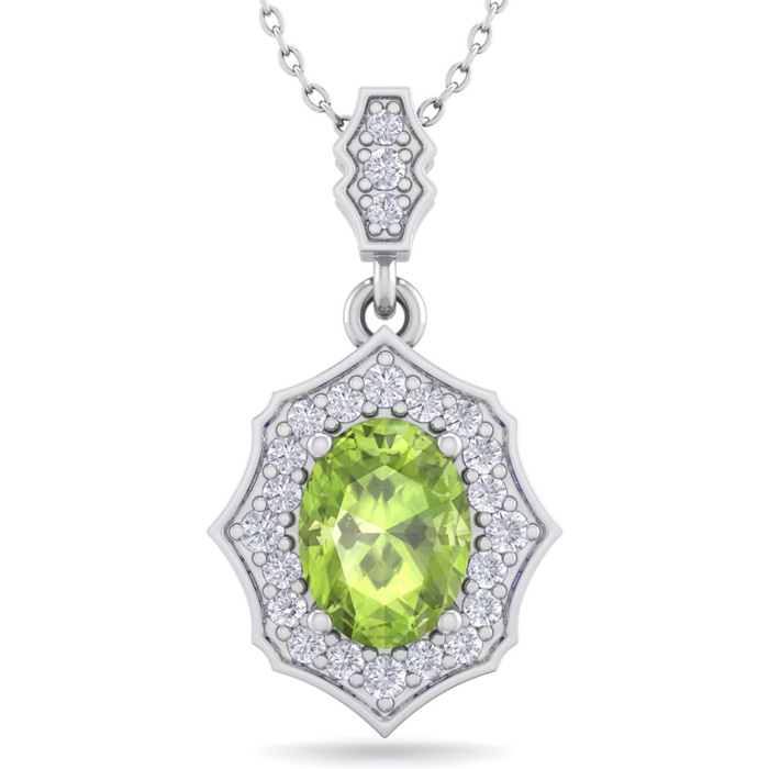 1.5 Carat Oval Shape Peridot & Diamond Necklace in 14K White Gold (2.60 g), 18 Inches,  by SuperJeweler