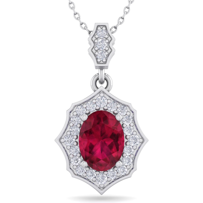 1 3/4 Carat Oval Shape Ruby & Diamond Necklace in 14K White Gold (2.60 g), 18 Inches,  by SuperJeweler