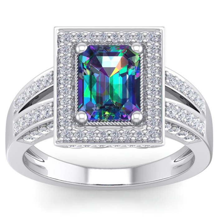 2 1/5 Carat Mystic Topaz & Halo 80 Diamond Ring in 14K White Gold (5.70 g), , Size 4 by SuperJeweler