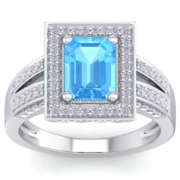 2.5 Carat Blue Topaz & Halo 80 Diamond Ring in 14K White Gold (5.70 g), , Size 4 by SuperJeweler