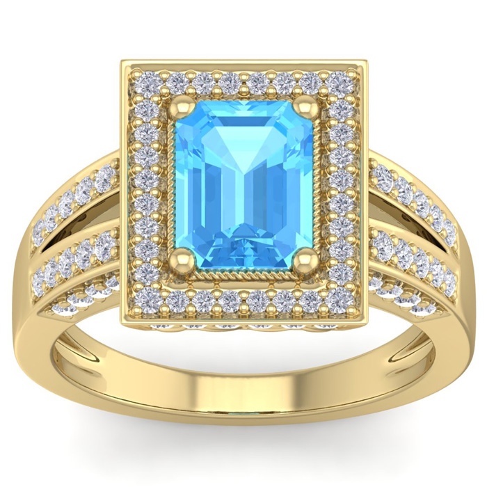 2.5 Carat Blue Topaz & Halo 80 Diamond Ring in 14K Yellow Gold (5.70 g), , Size 4 by SuperJeweler