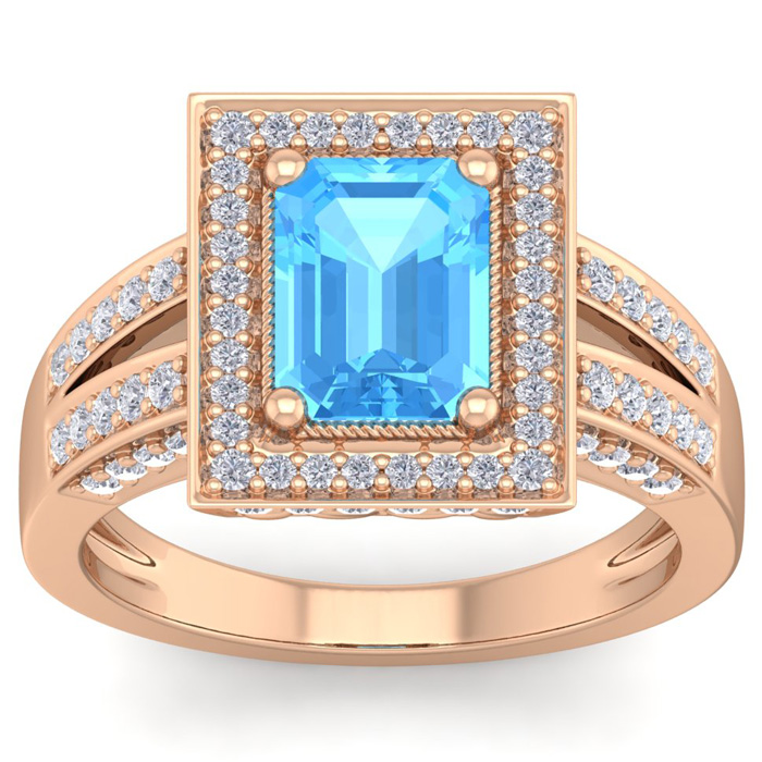 2.5 Carat Blue Topaz & Halo 80 Diamond Ring in 14K Rose Gold (5.70 g), , Size 4 by SuperJeweler