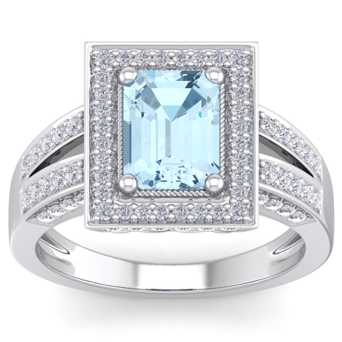 2 Carat Aquamarine & Halo 80 Diamond Ring in 14K White Gold (5.70 g), , Size 4 by SuperJeweler