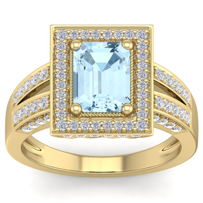 2 Carat Aquamarine & Halo 80 Diamond Ring in 14K Yellow Gold (5.70 g), , Size 4 by SuperJeweler