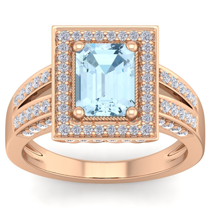 2 Carat Aquamarine & Halo 80 Diamond Ring in 14K Rose Gold (5.70 g), , Size 4 by SuperJeweler