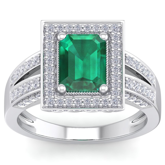 2 Carat Emerald Cut & Halo 80 Diamond Ring in 14K White Gold (5.70 g), , Size 4 by SuperJeweler