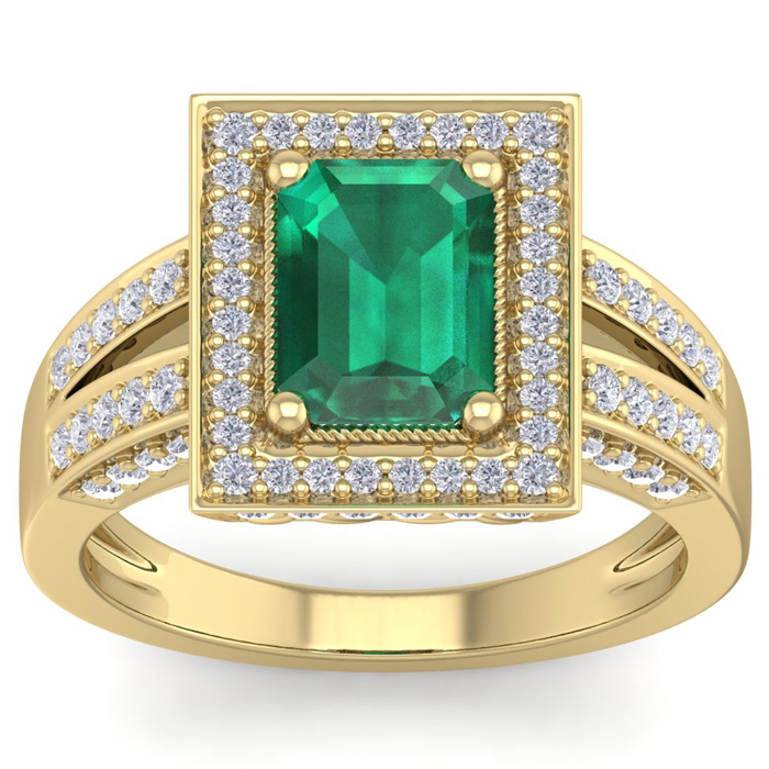 2 Carat Emerald Cut & Halo 80 Diamond Ring in 14K Yellow Gold (5.70 g), , Size 4 by SuperJeweler