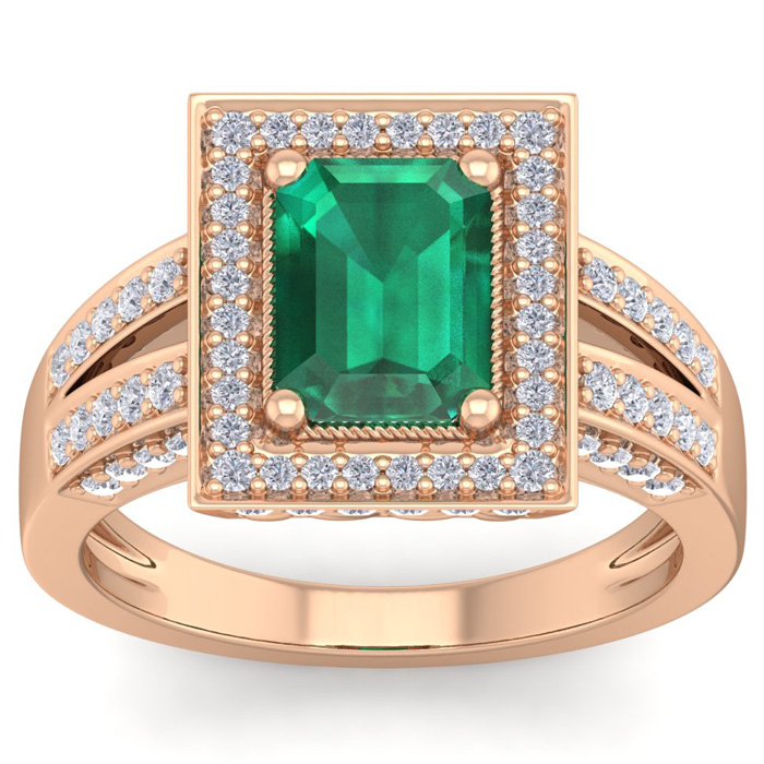 2 Carat Emerald Cut & Halo 80 Diamond Ring in 14K Rose Gold (5.70 g), , Size 4 by SuperJeweler