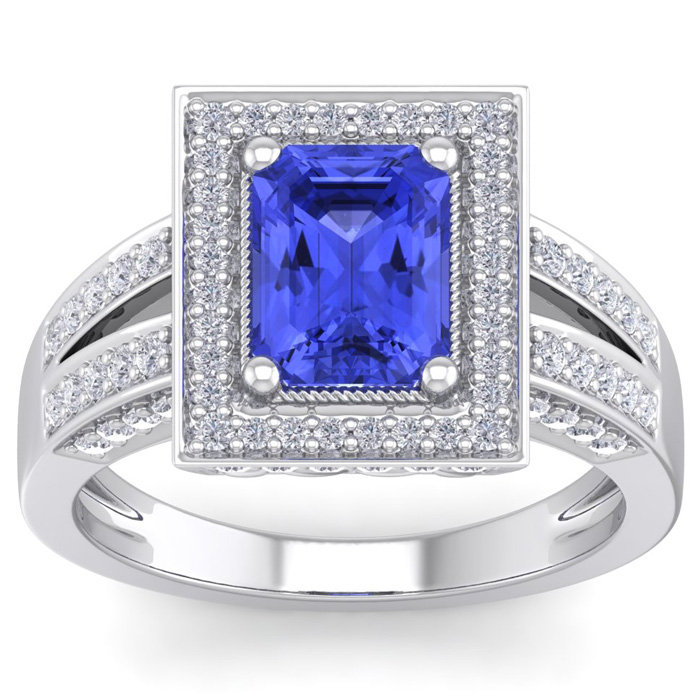 2.5 Carat Tanzanite & Halo 80 Diamond Ring in 14K White Gold (5.70 g), , Size 4 by SuperJeweler