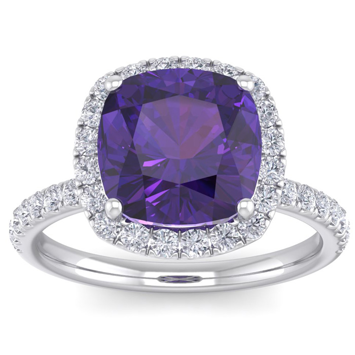 5 1/2 Carat Cushion Cut Amethyst & 38 Diamond Ring in 14K White Gold (4 g), , Size 4 by SuperJeweler