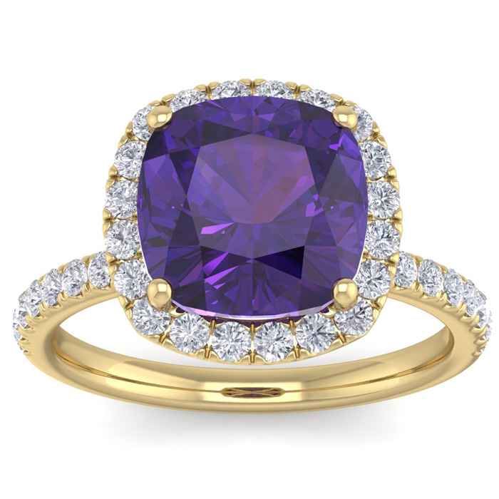 5 1/2 Carat Cushion Cut Amethyst & 38 Diamond Ring in 14K Yellow Gold (4 g), , Size 4 by SuperJeweler