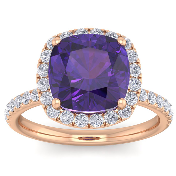 5 1/2 Carat Cushion Cut Amethyst & 38 Diamond Ring in 14K Rose Gold (4 g), , Size 4 by SuperJeweler