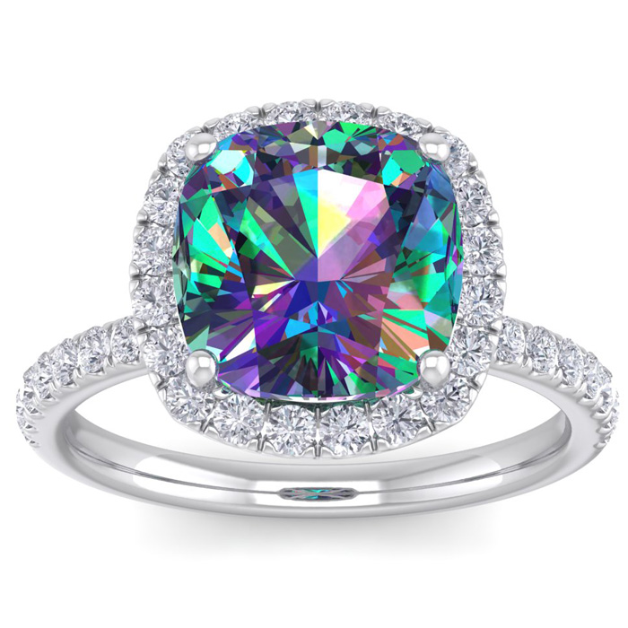 5 1/2 Carat Cushion Cut Mystic Topaz & 38 Diamond Ring in 14K White Gold (4 g), , Size 4 by SuperJeweler